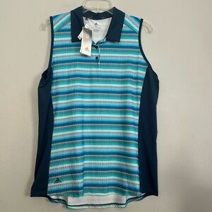 Adidas women NWT sustainable sleeveless golf polo w/ blue & turquoise geo print